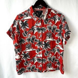 Tahari Women’s XL Red Orange Button Up Linen Roll Back Short Sleeve Top Tropical